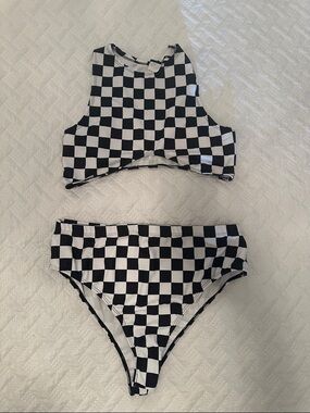 Checkerboard High-Neck Bikini Set - Black & White